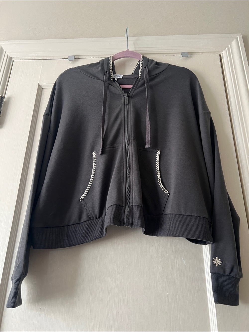Kensie Grey Cropped Blanket Stitch Zip Hoodie